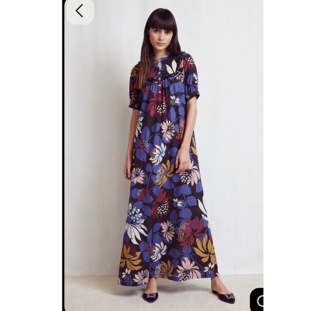 Warm Night Botanical Floral Cotton Puff Sleeve Button Front Midi Dress Size: 1